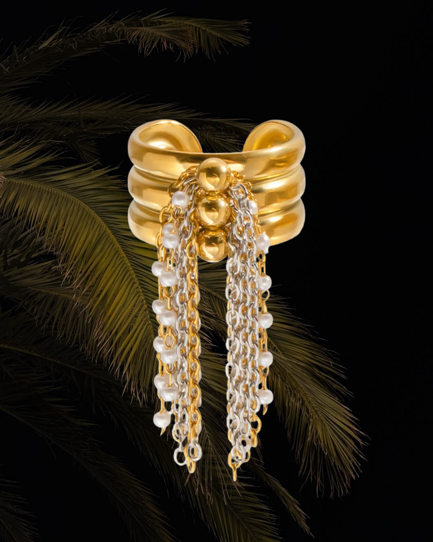 Two-Tone Pearl Cascade Tassel Ring
