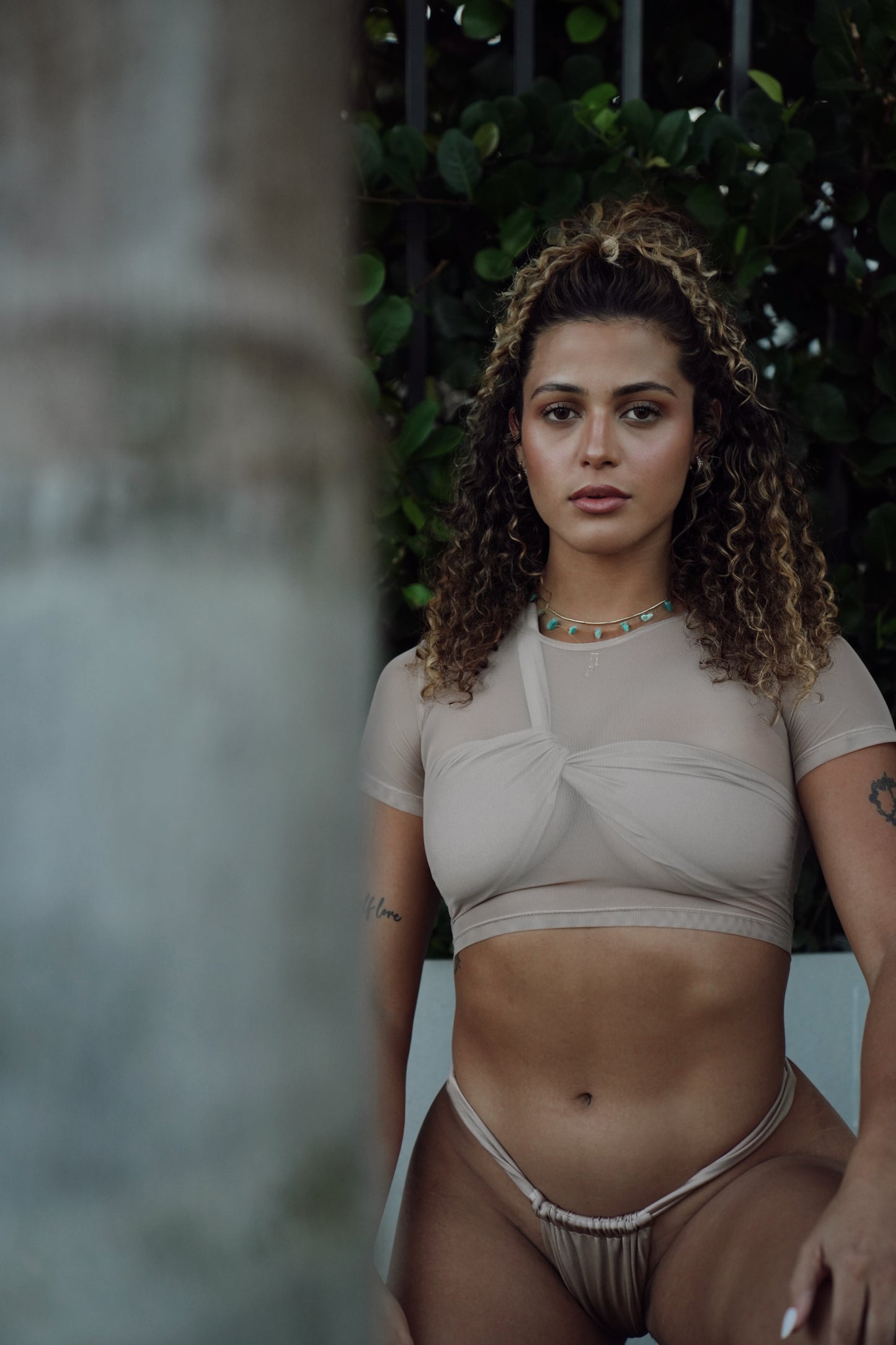 Baby Tee Mesh Cover Up - Beige